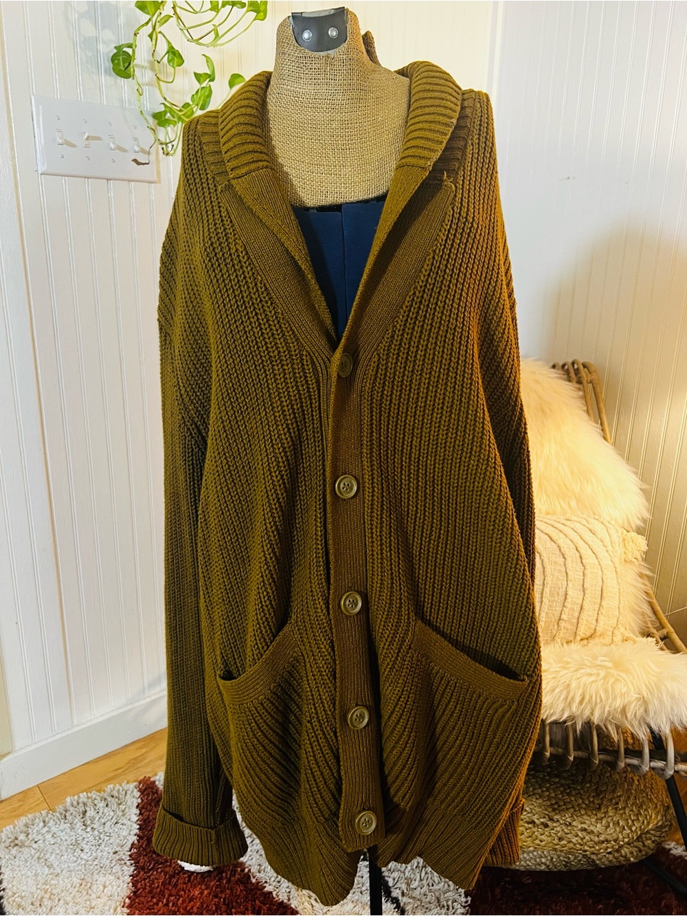 Men’s brown Shawl Collar Button-Front Women's Sweater